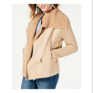 Style & Co tan faux shearling knit sleeve jacket